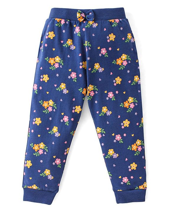 Babyhug Cotton Full Length Lounge Pants with Floral Print  & Bow Applique Pack of 3 - Pink Yellow & Blue