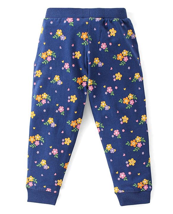 Babyhug Cotton Full Length Lounge Pants with Floral Print  & Bow Applique Pack of 3 - Pink Yellow & Blue