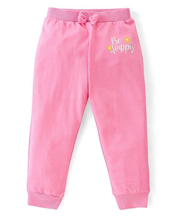 Babyhug Cotton Full Length Lounge Pants with Floral Print  & Bow Applique Pack of 3 - Pink Yellow & Blue