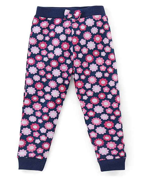 Babyhug Cotton Knit Full Length Floral Print Lounge Pants Pack of 3 - Navy Pink & Yellow