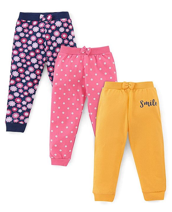 Babyhug Cotton Knit Full Length Floral Print Lounge Pants Pack of 3 - Navy Pink & Yellow