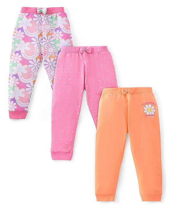 Babyhug Cotton Full Length Lounge Pants Floral Printed Pack of 3 - Pink & Orange
