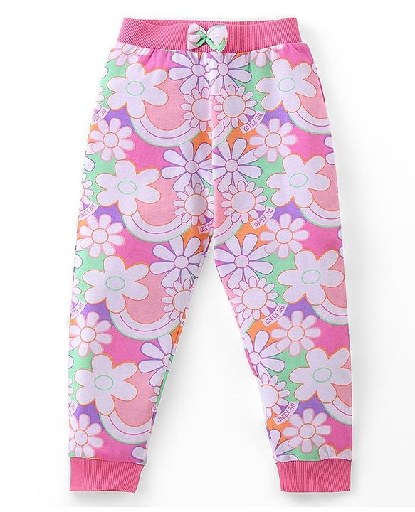 Babyhug Cotton Full Length Lounge Pants Floral Printed Pack of 3 - Pink & Orange