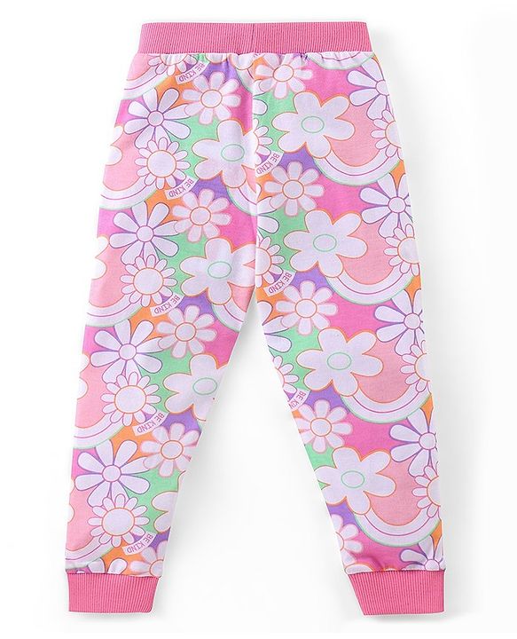 Babyhug Cotton Full Length Lounge Pants Floral Printed Pack of 3 - Pink & Orange