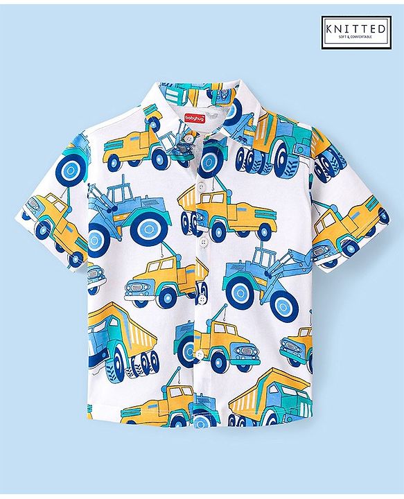 Babyhug 100% Cotton Knit Half Sleeve Shirt With JCB Print - White