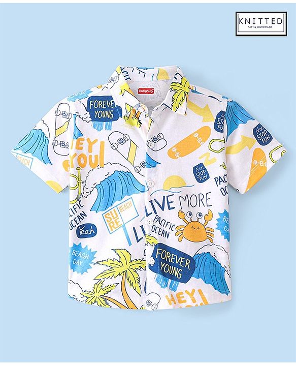 Babyhug 100% Cotton Knit Half Sleeves Regular Collar Beach Print Shirt - White