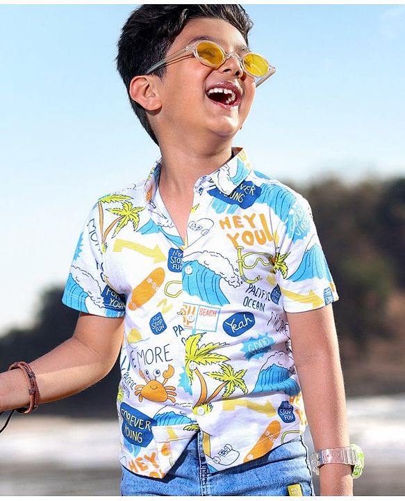 Babyhug 100% Cotton Knit Half Sleeves Regular Collar Beach Print Shirt - White