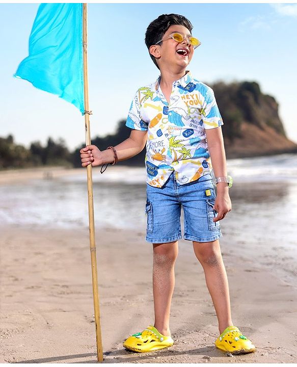Babyhug 100% Cotton Knit Half Sleeves Regular Collar Beach Print Shirt - White