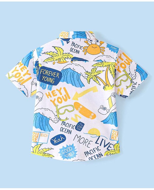 Babyhug 100% Cotton Knit Half Sleeves Regular Collar Beach Print Shirt - White