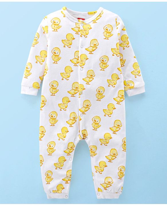 Babyhug 100% Cotton Interlock Knit Full Sleeves Romper Duck Print - White