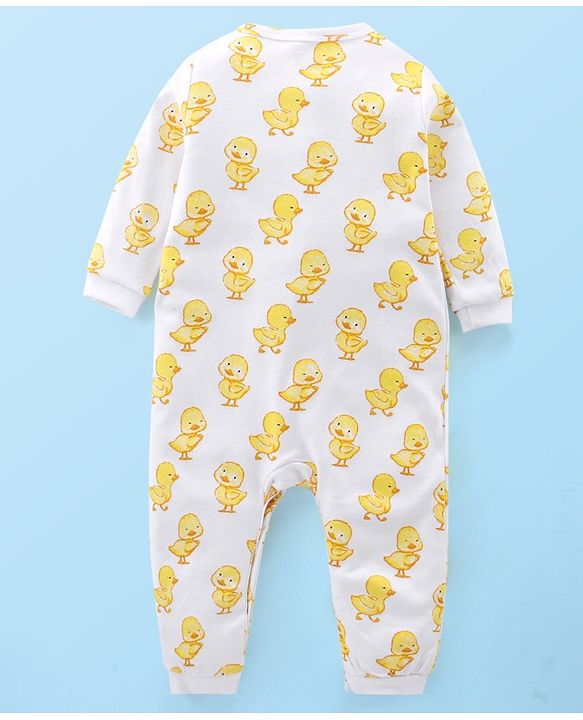 Babyhug 100% Cotton Interlock Knit Full Sleeves Romper Duck Print - White