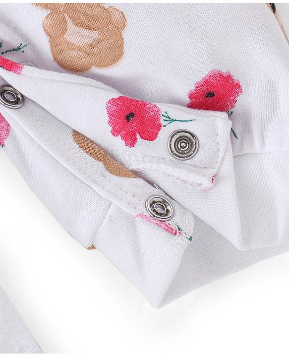Babyhug 100% Cotton Full Sleeves Romper With Teddy Print - White