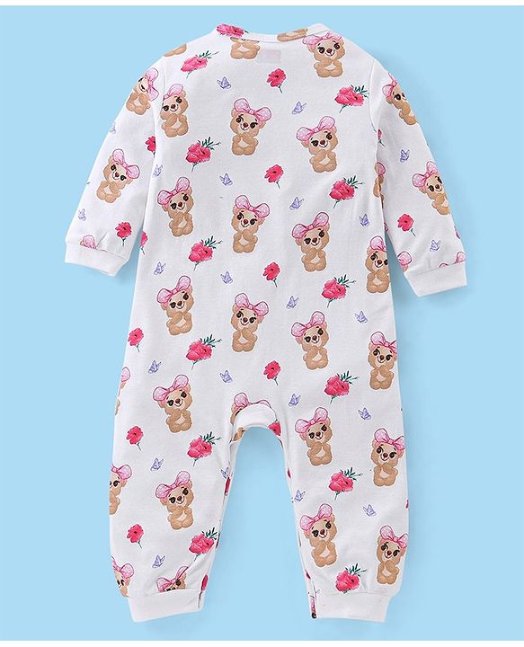 Babyhug 100% Cotton Full Sleeves Romper With Teddy Print - White