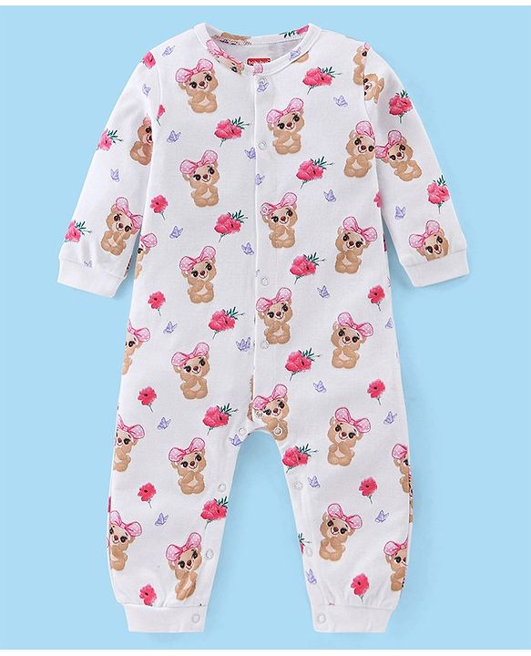 Babyhug 100% Cotton Full Sleeves Romper With Teddy Print - White