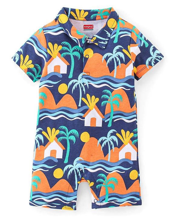 Babyhug 100% Cotton Interlock Knit Half Sleeves Beach Theme Romper - Multicolor