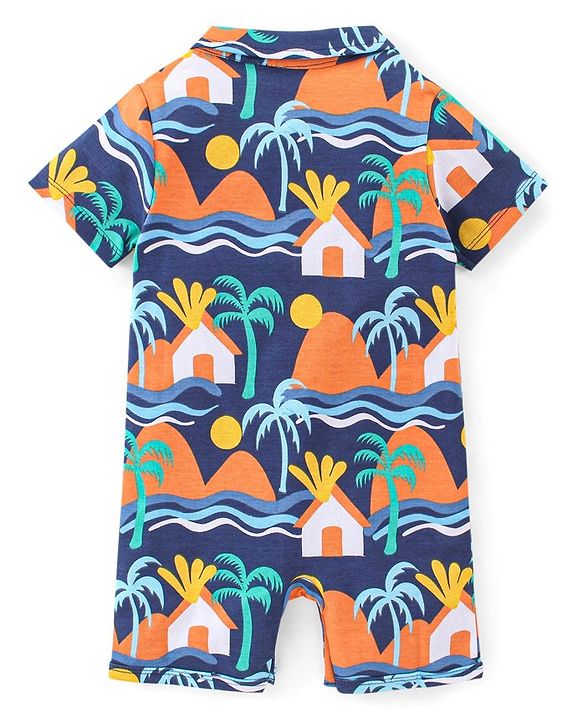 Babyhug 100% Cotton Interlock Knit Half Sleeves Beach Theme Romper - Multicolor
