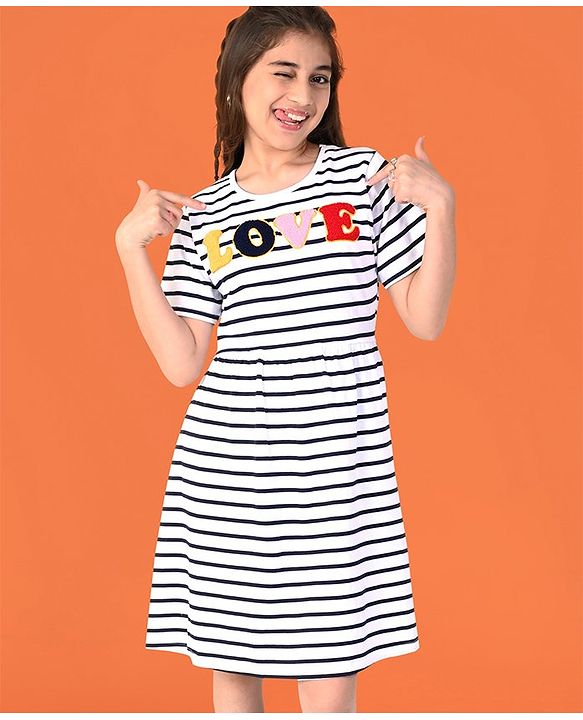 Pine Kids Cotton Half Sleeves Striped Frock with Puffed Text - Snow White
