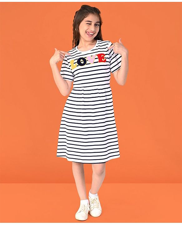 Pine Kids Cotton Half Sleeves Striped Frock with Puffed Text - Snow White