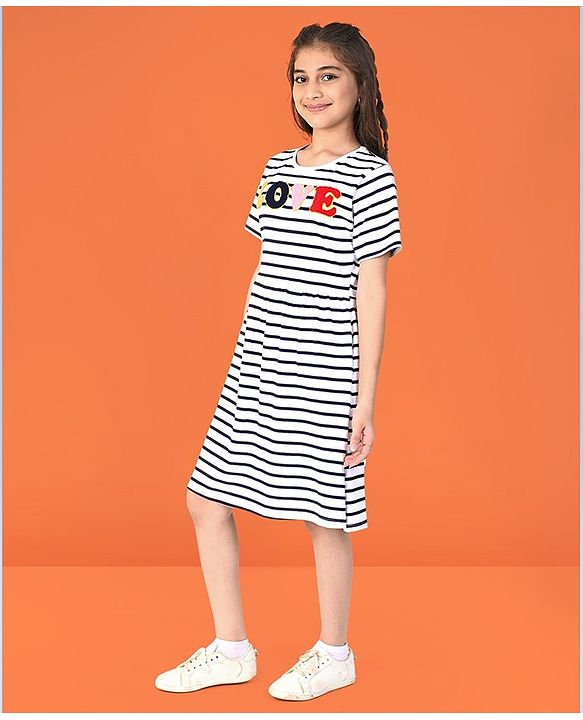 Pine Kids Cotton Half Sleeves Striped Frock with Puffed Text - Snow White