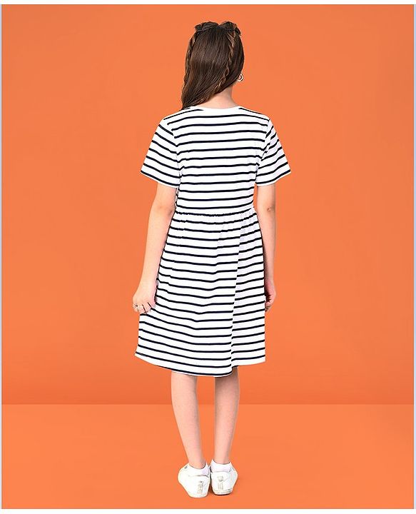 Pine Kids Cotton Half Sleeves Striped Frock with Puffed Text - Snow White