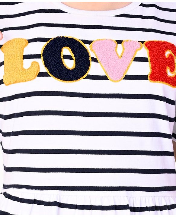 Pine Kids Cotton Half Sleeves Striped Frock with Puffed Text - Snow White