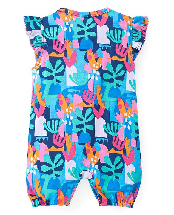 Babyhug 100% Cotton Knit Flutter Sleeves Romper With Coral Print - Blue