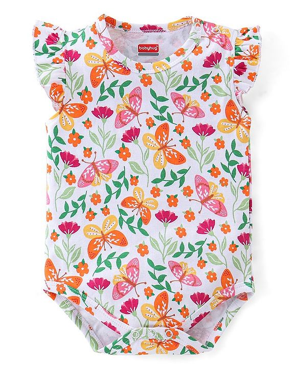 Babyhug 100% Cotton Sleeveless Onesie With Floral Print - White & Pink