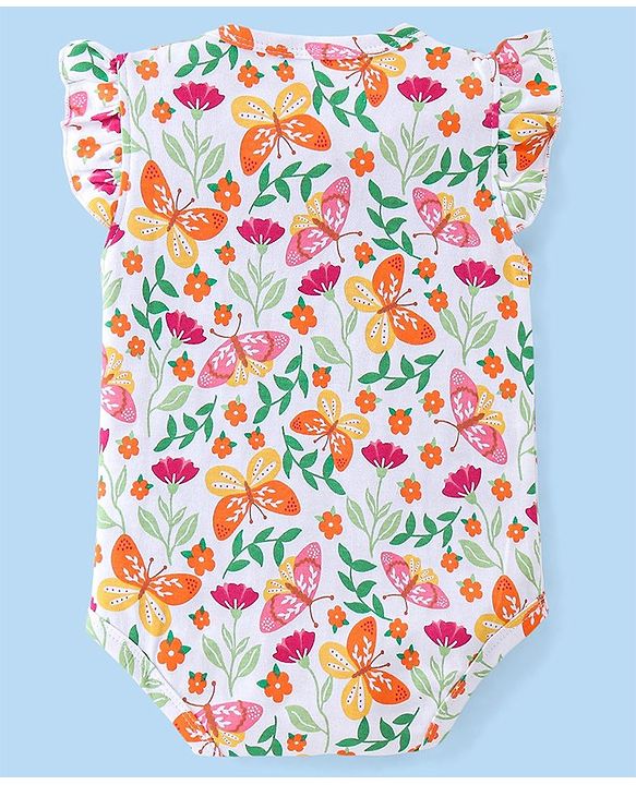 Babyhug 100% Cotton Sleeveless Onesie With Floral Print - White & Pink