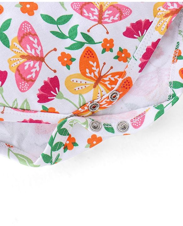 Babyhug 100% Cotton Sleeveless Onesie With Floral Print - White & Pink