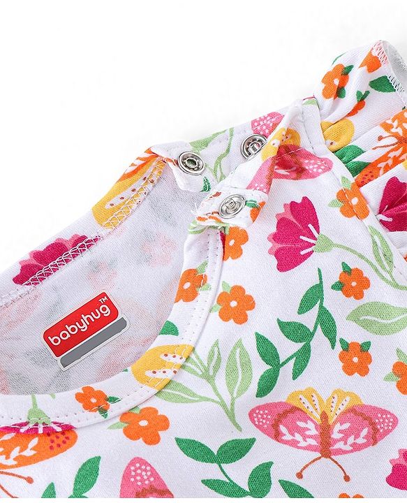 Babyhug 100% Cotton Sleeveless Onesie With Floral Print - White & Pink