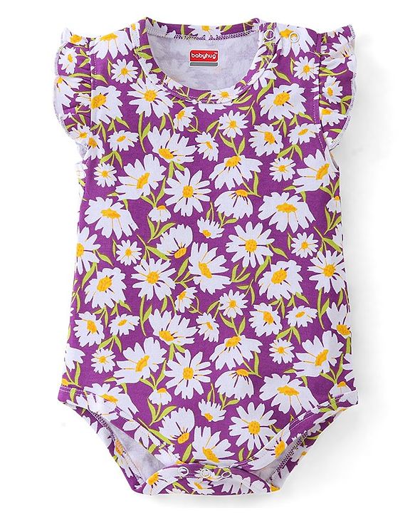 Babyhug 100% Cotton Sleeveless Onesie With Floral Print - Purple
