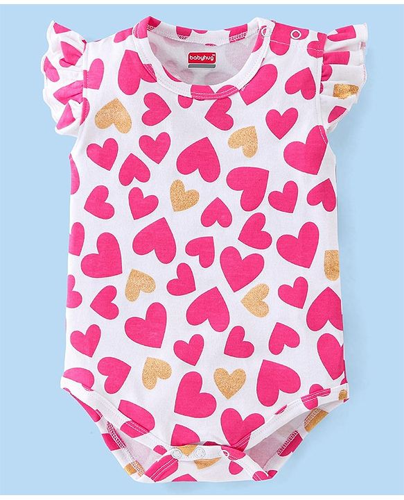 Babyhug 100% Cotton Knit Sleeveless Onesie With Heart Print - White & Pink