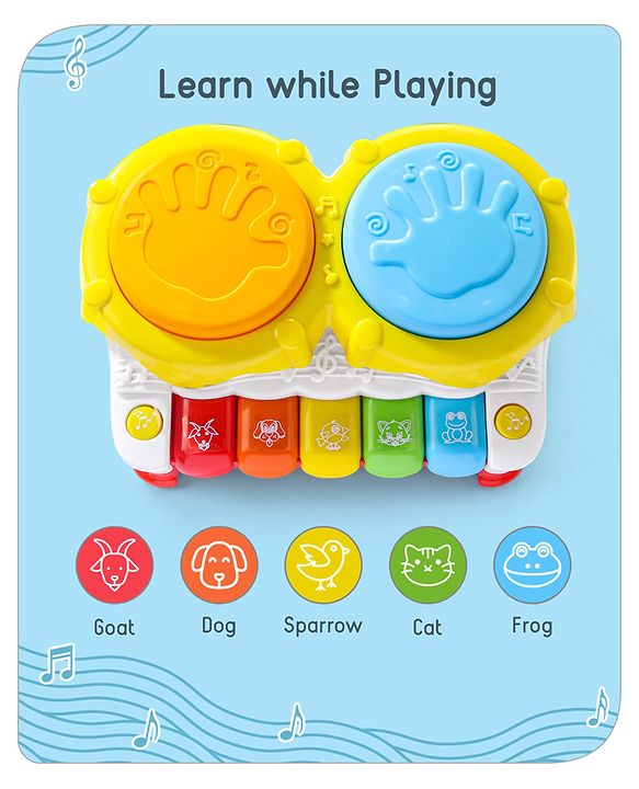 Babyhug 2 In 1 Musical Drum Piano With Lights and Animal Sounds| Volume Control Early Educational Learning Toy| Musical Toy with Flashing Lights Drum Keyboard for 3 Years+ Kids| Gifting Toy| BIS Certified