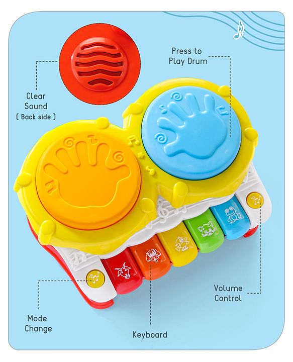 Babyhug 2 In 1 Musical Drum Piano With Lights and Animal Sounds| Volume Control Early Educational Learning Toy| Musical Toy with Flashing Lights Drum Keyboard for 3 Years+ Kids| Gifting Toy| BIS Certified