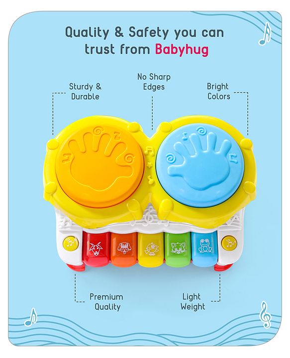 Babyhug 2 In 1 Musical Drum Piano With Lights and Animal Sounds| Volume Control Early Educational Learning Toy| Musical Toy with Flashing Lights Drum Keyboard for 3 Years+ Kids| Gifting Toy| BIS Certified