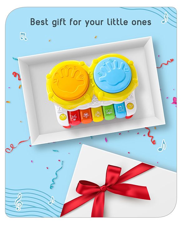 Babyhug 2 In 1 Musical Drum Piano With Lights and Animal Sounds| Volume Control Early Educational Learning Toy| Musical Toy with Flashing Lights Drum Keyboard for 3 Years+ Kids| Gifting Toy| BIS Certified