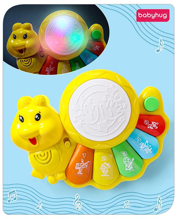 Babyhug Learn N Play Caterpillar Musical Drum Piano With Lights and Animal Sounds| Volume Control Early Educational Learning Toy| Musical Toy with Flashing Lights Drum Piano for 3 Years+ Kids| Gifting Toy| BIS Certified