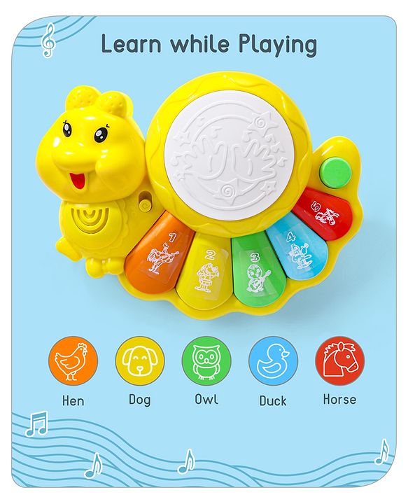 Babyhug Learn N Play Caterpillar Musical Drum Piano With Lights and Animal Sounds| Volume Control Early Educational Learning Toy| Musical Toy with Flashing Lights Drum Piano for 3 Years+ Kids| Gifting Toy| BIS Certified
