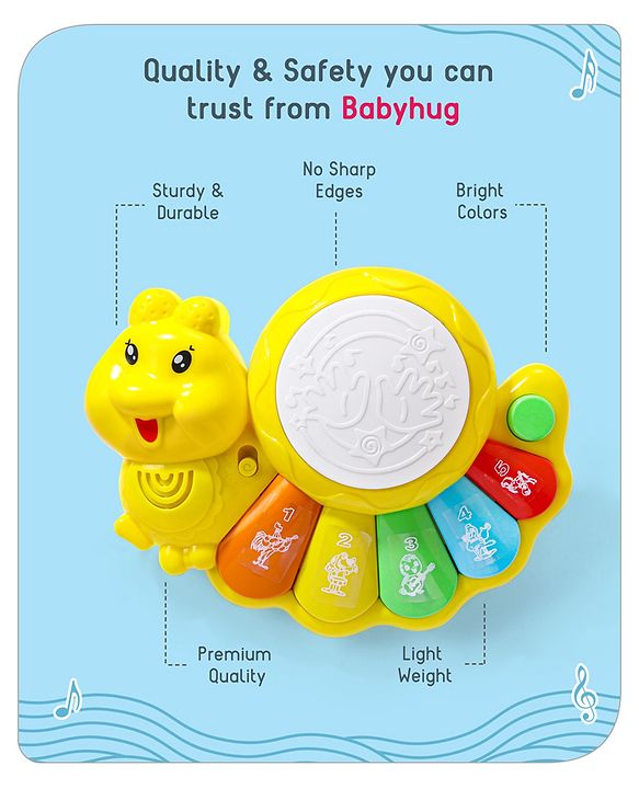 Babyhug Learn N Play Caterpillar Musical Drum Piano With Lights and Animal Sounds| Volume Control Early Educational Learning Toy| Musical Toy with Flashing Lights Drum Piano for 3 Years+ Kids| Gifting Toy| BIS Certified