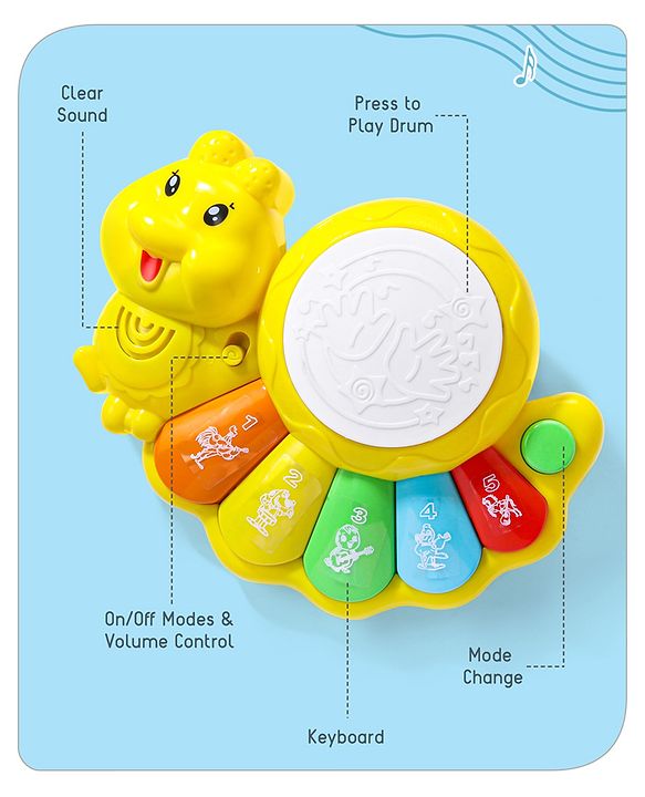 Babyhug Learn N Play Caterpillar Musical Drum Piano With Lights and Animal Sounds| Volume Control Early Educational Learning Toy| Musical Toy with Flashing Lights Drum Piano for 3 Years+ Kids| Gifting Toy| BIS Certified