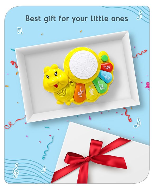 Babyhug Learn N Play Caterpillar Musical Drum Piano With Lights and Animal Sounds| Volume Control Early Educational Learning Toy| Musical Toy with Flashing Lights Drum Piano for 3 Years+ Kids| Gifting Toy| BIS Certified
