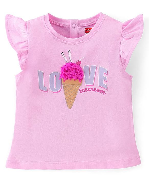 Babyhug 100% Cotton Knit Frill Sleeves Top with Text Print and Petal Embroidery - Pink