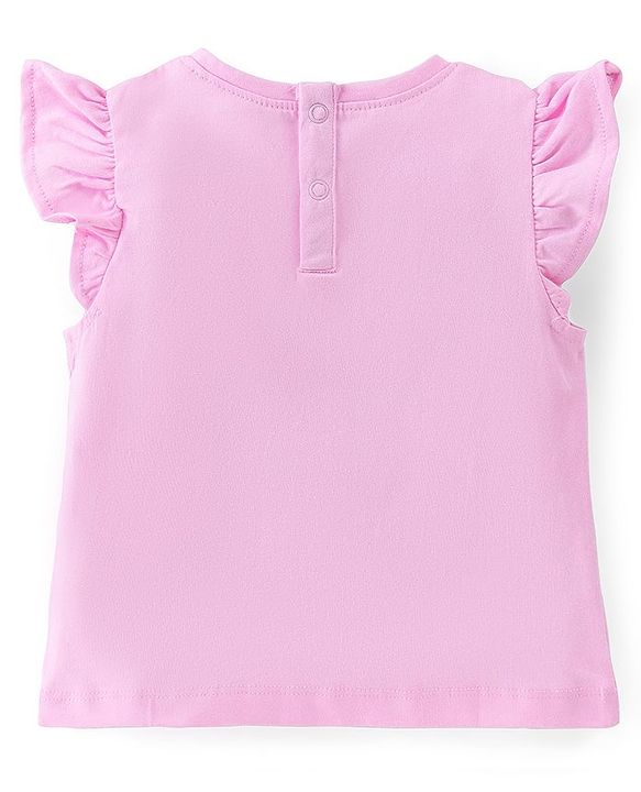 Babyhug 100% Cotton Knit Frill Sleeves Top with Text Print and Petal Embroidery - Pink