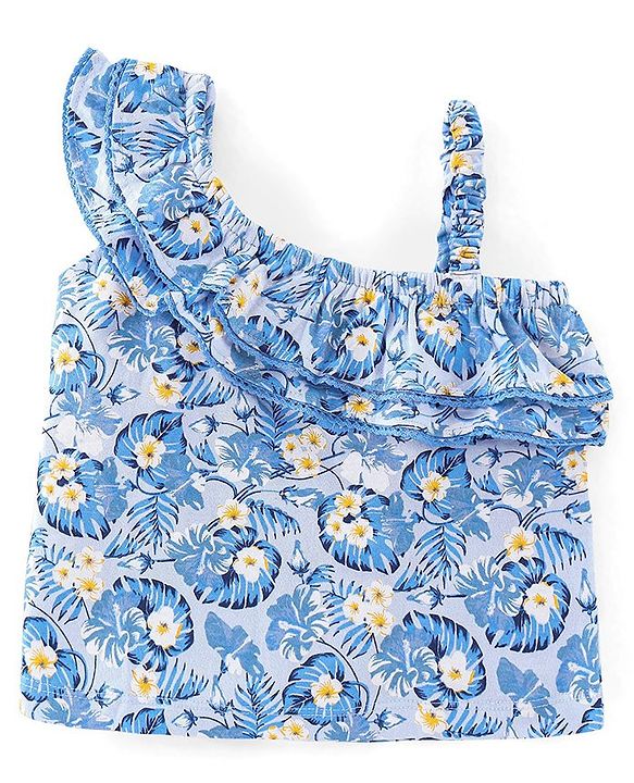 Babyhug 100% Cotton Knit One Shoulder Sleeves Asymmetrical Top With Frill Detailing Floral Print - Light Blue