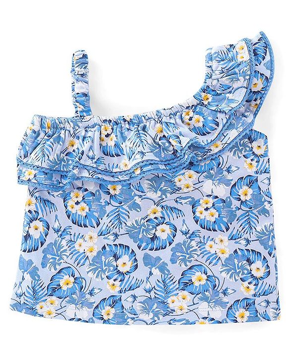 Babyhug 100% Cotton Knit One Shoulder Sleeves Asymmetrical Top With Frill Detailing Floral Print - Light Blue