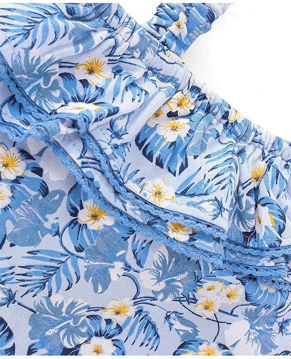 Babyhug 100% Cotton Knit One Shoulder Sleeves Asymmetrical Top With Frill Detailing Floral Print - Light Blue