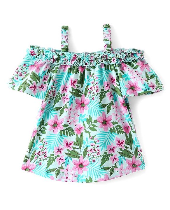 Babyhug 100% Cotton Knit Off Shoulder Half Sleeves Top with Floral Graphics & Frill Detailing - Green