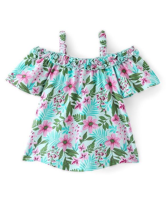 Babyhug 100% Cotton Knit Off Shoulder Half Sleeves Top with Floral Graphics & Frill Detailing - Green