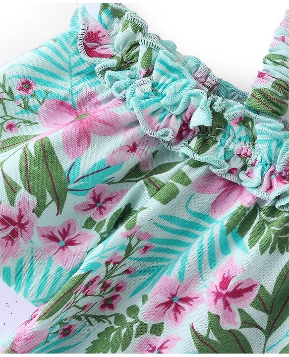 Babyhug 100% Cotton Knit Off Shoulder Half Sleeves Top with Floral Graphics & Frill Detailing - Green