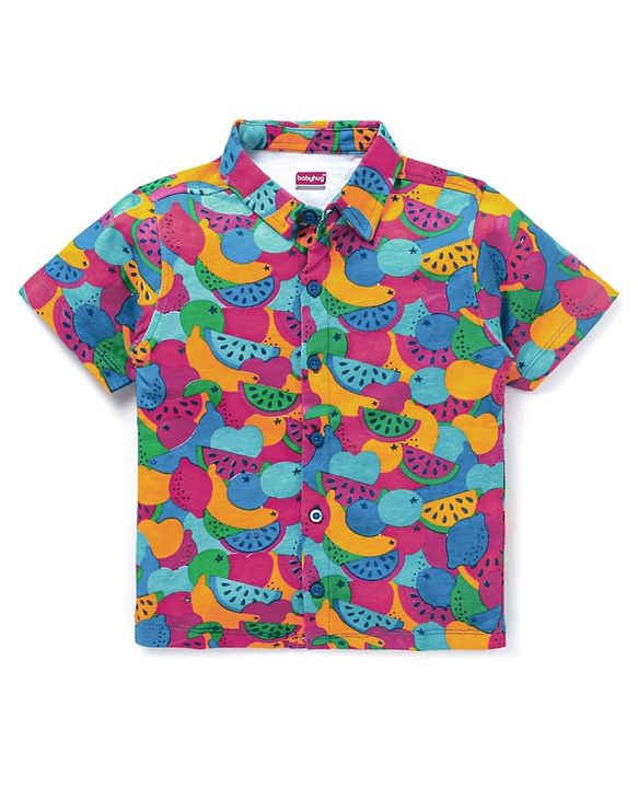 Babyhug 100% Cotton Knit Half Sleeves Regular Collar Shirt With Watermelon Print- Multicolor